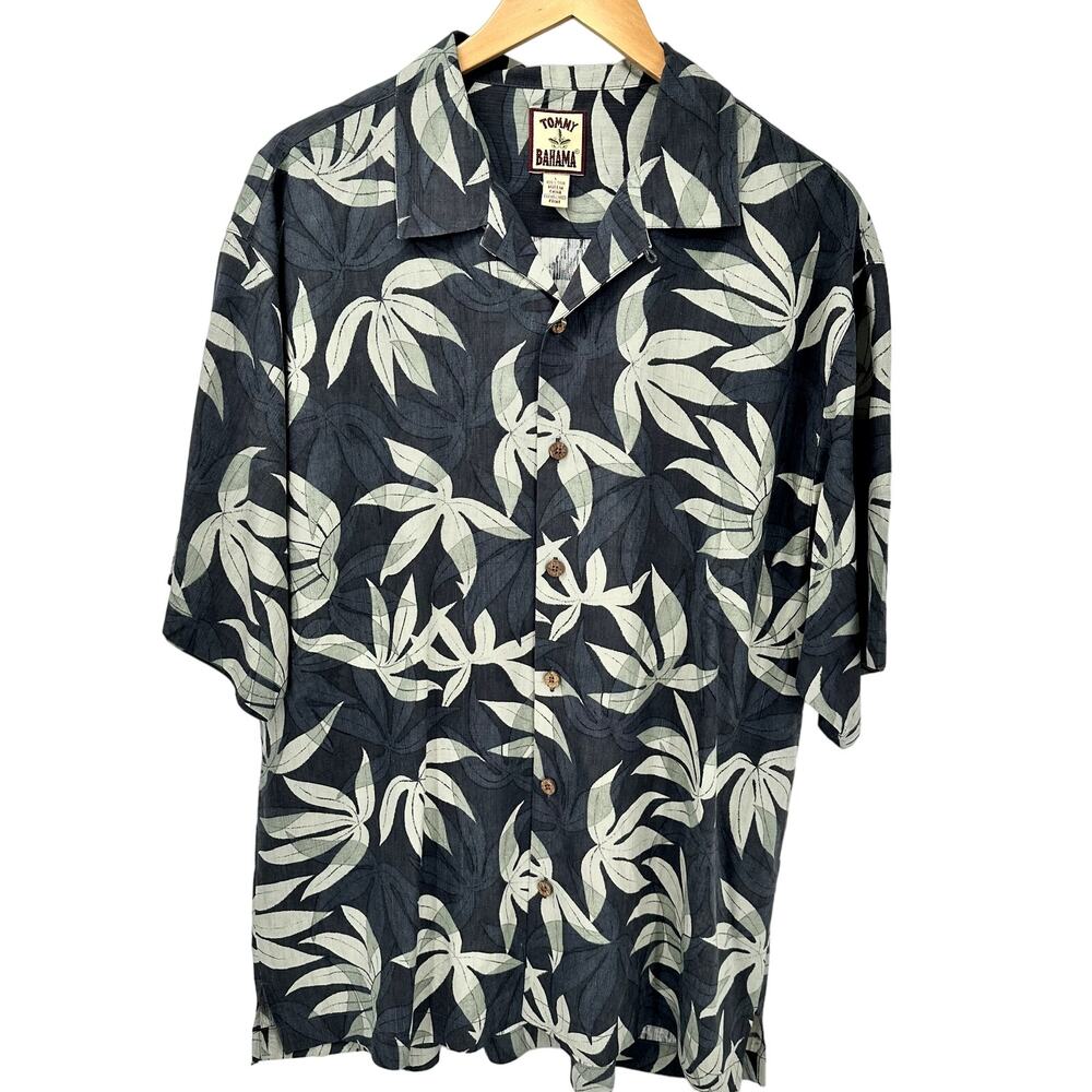 Tommy Bahama Shirt Mens Large Silk Hawaiian Short Sleeve Black Green‎ Tropical